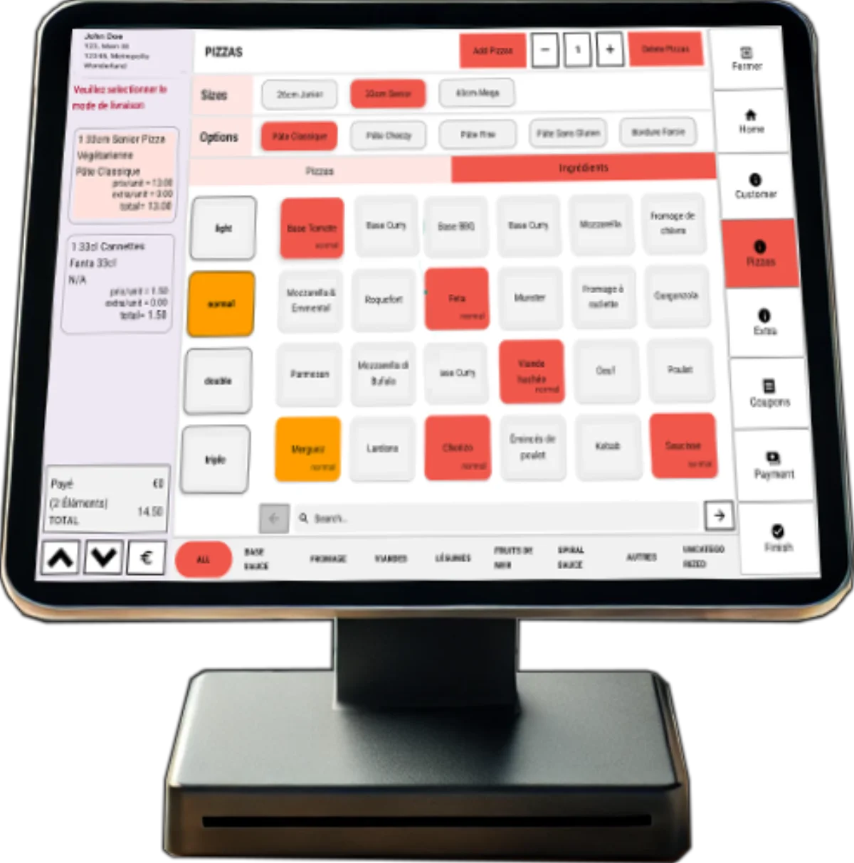 The EZCaisse point-of-sale interface for finding products and entering a sale.