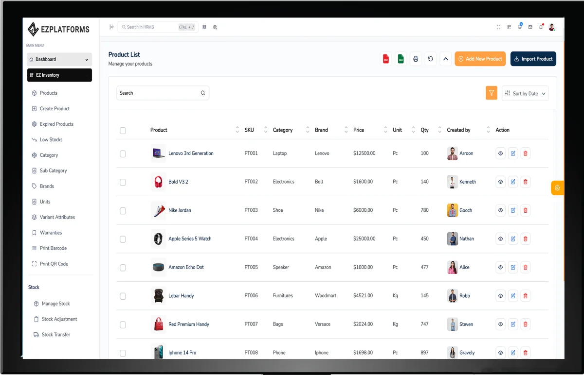 EZCaisse inventory management dashboard