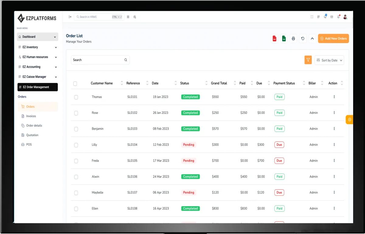 EZCaisse restaurant order management interface